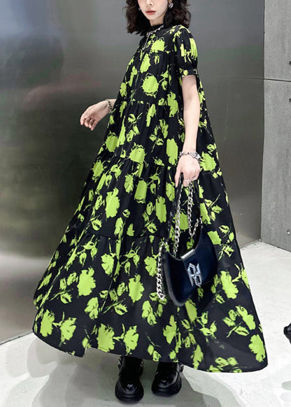 Green Print Wrinkled Patchwork Cotton Long Dresses Summer