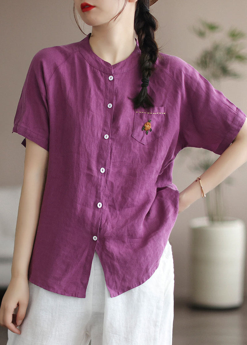 Purple Embroideried Pocket Linen Shirt Top Short Sleeve