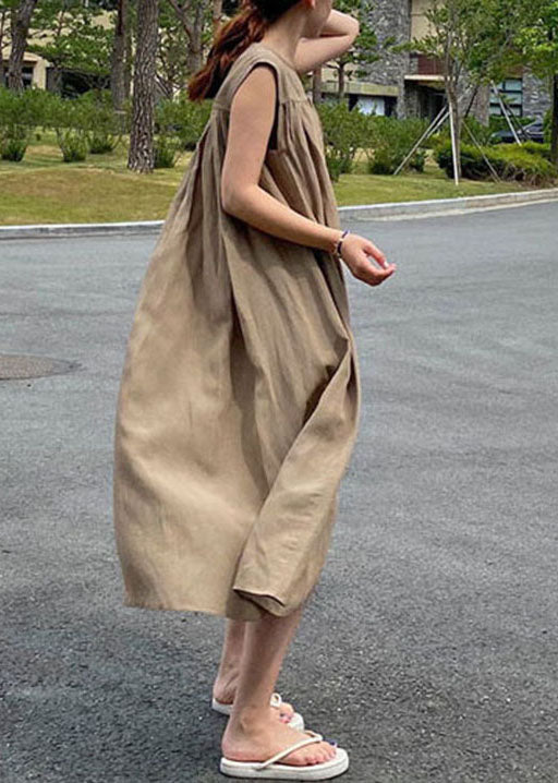 Simple Khaki O-neck Cotton Long Dresses Sleeveless
