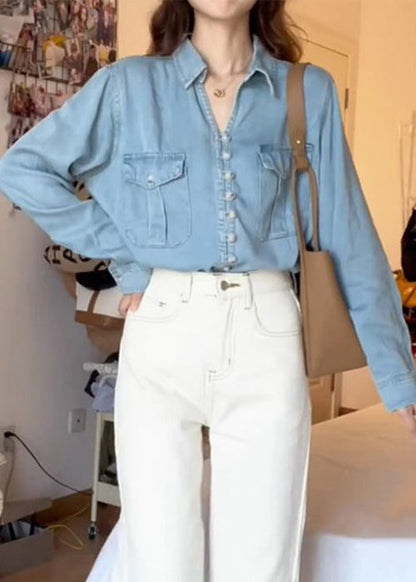 Italian Blue Peter Pan Collar Patchwork Denim Top Fall