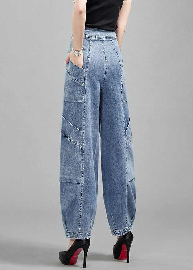 Light Blue Pockets Patchwork Cotton Denim Lantern Pants Trousers Spring