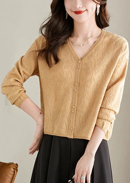 Jacquard Yellow V Neck Button Knit Cardigan Fall