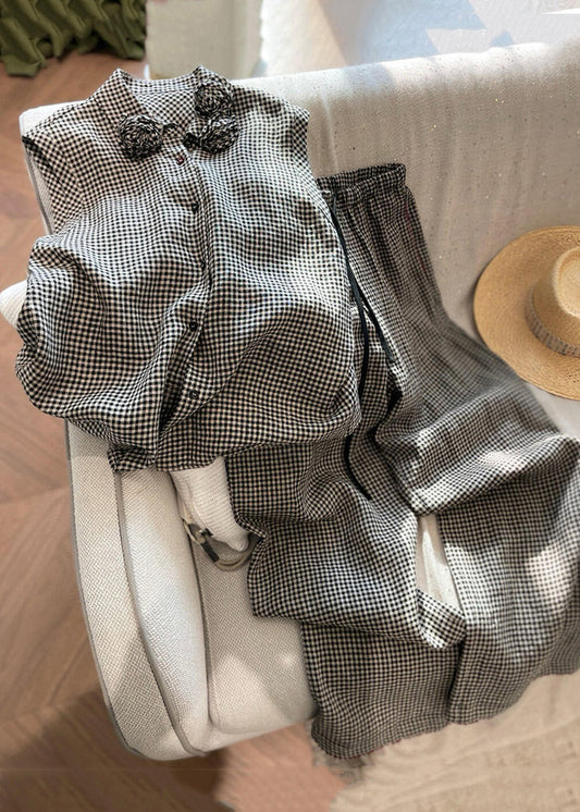 New Plaid Button Cotton Two Pieces Set Sleeveless