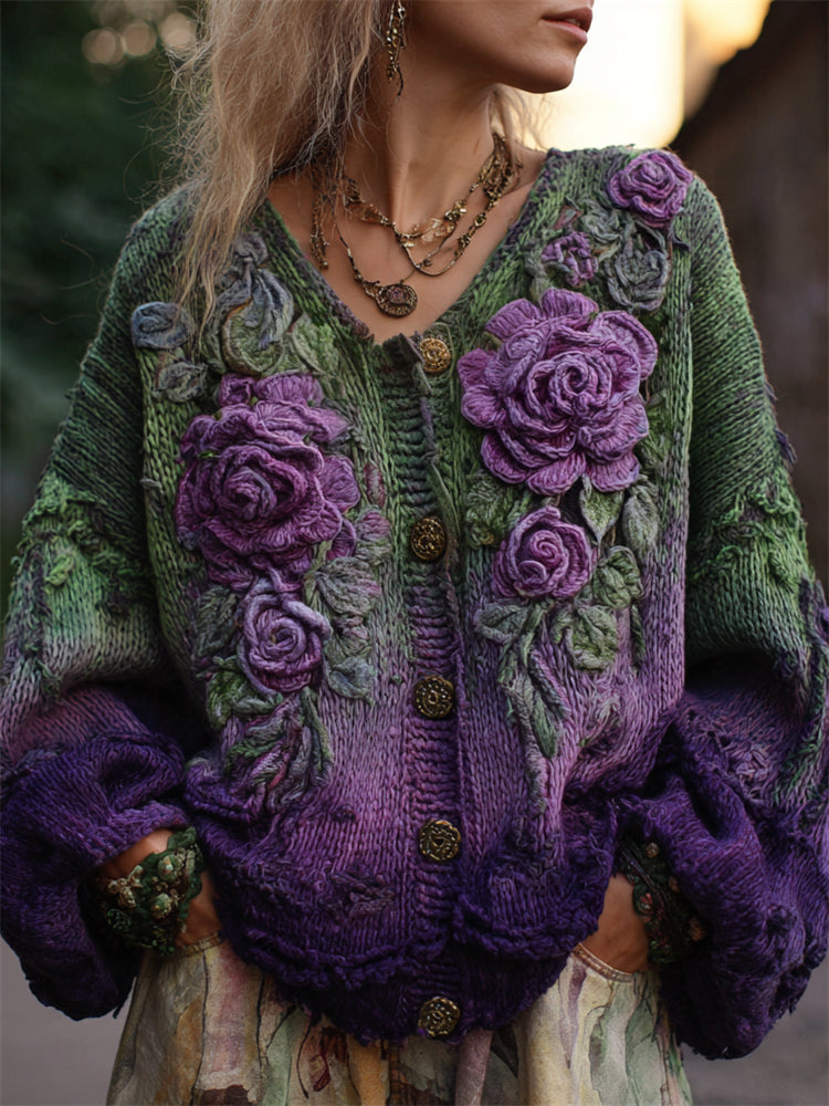 Cotton Ombre Cardigan with Dimensional Purple Rose Embroidery on Green Base