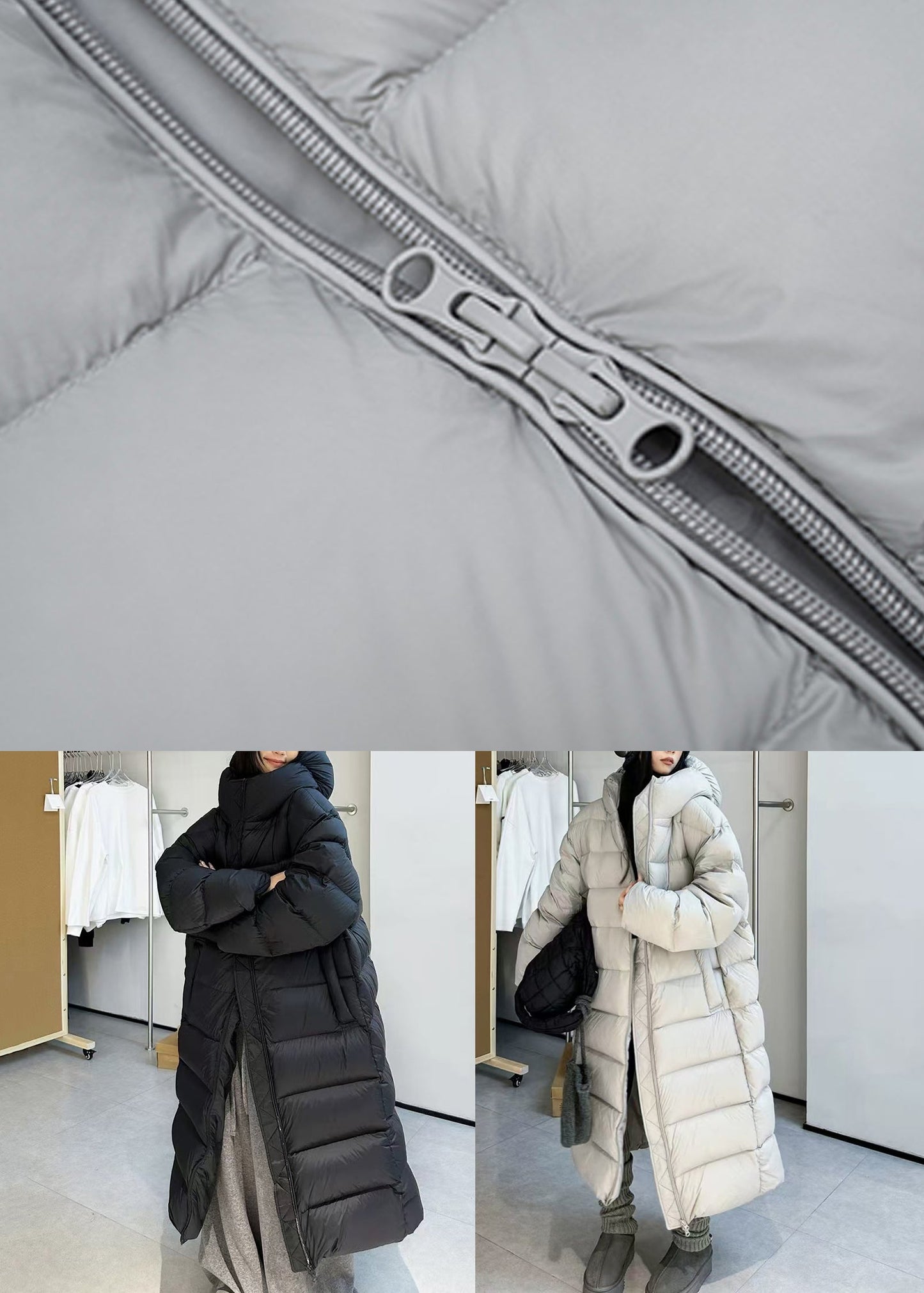 Loose Black Hooded Drawstring Duck Down Long Coats Winter