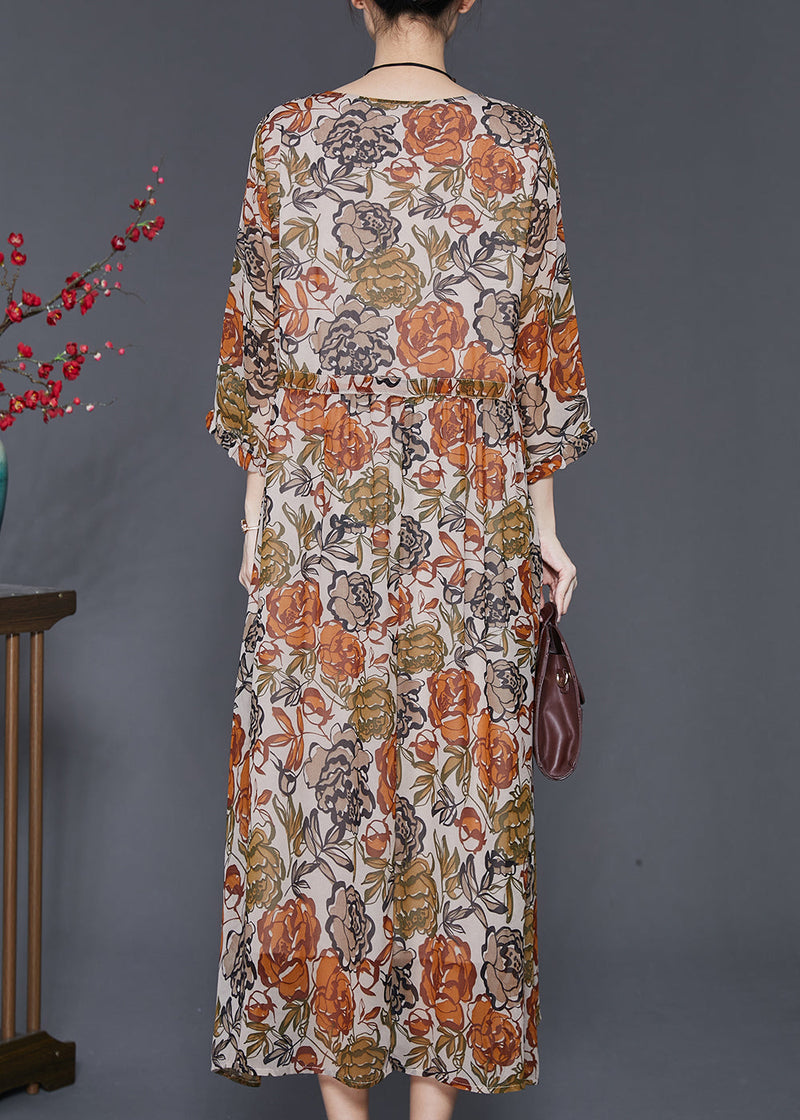 Khaki Cinched Print Silk Dress Bracelet Sleeve