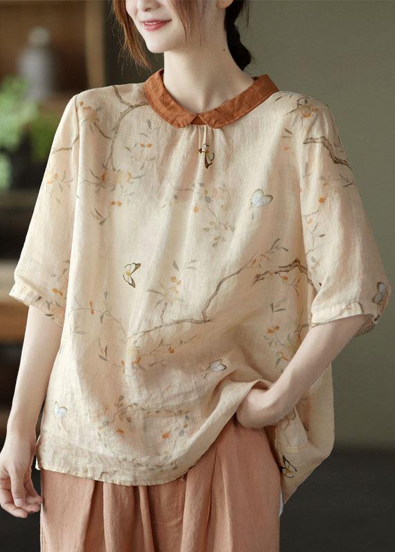 Natural Navy Peter Pan Collar Print Summer Ramie Half Sleeve
