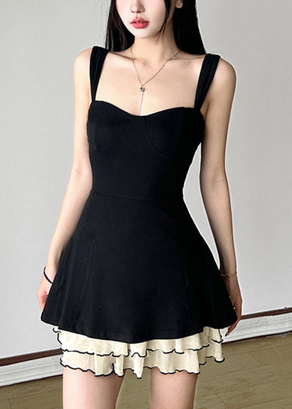 New Black Tulle Patchwork Cotton Spaghetti Strap Dresses Sleeveless