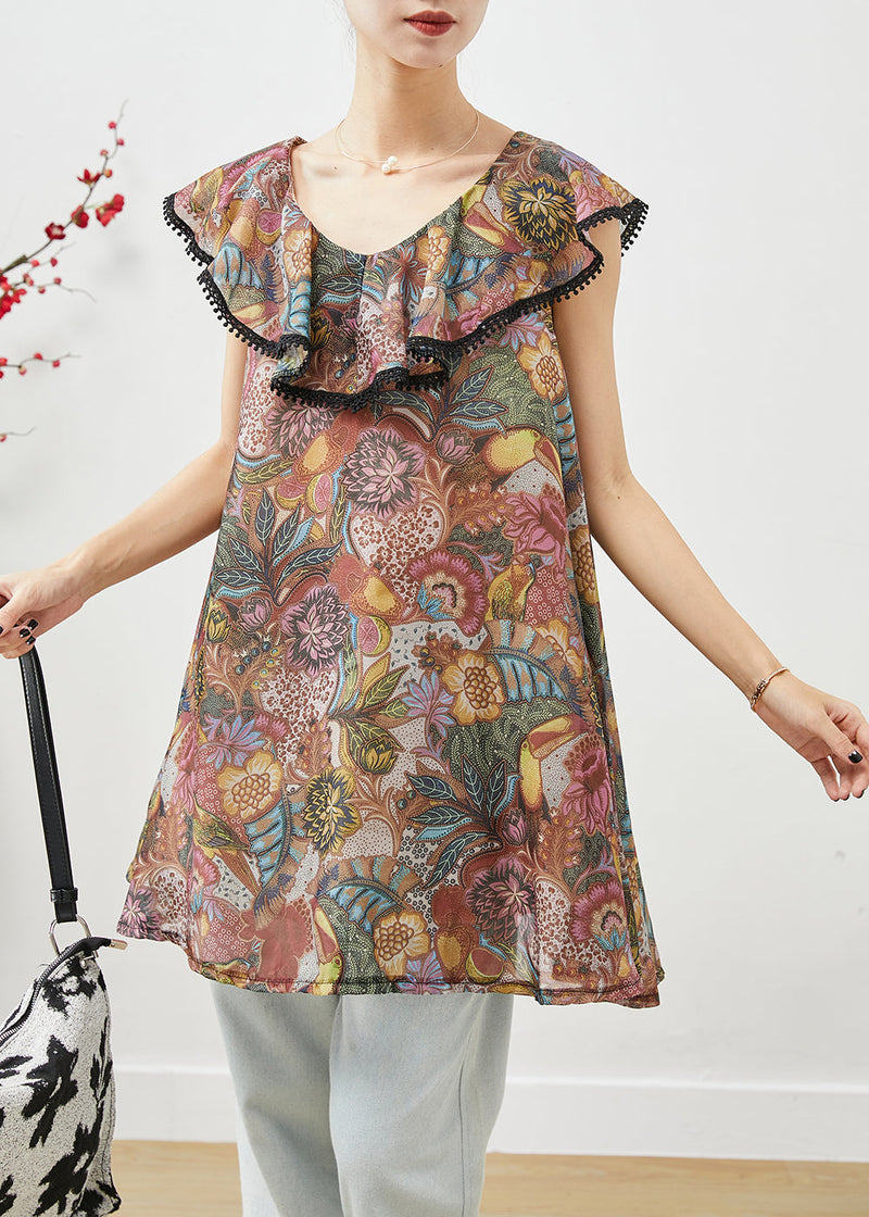 Brown Ruffled Print Cotton Blouses Summer