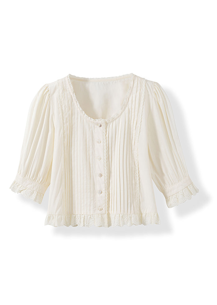White Wrinkled Lace Patchwork Cotton Top Summer