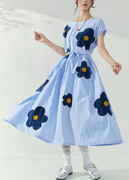 Blue O-neck Plaid Tie Waist Maxi Dresses Summer