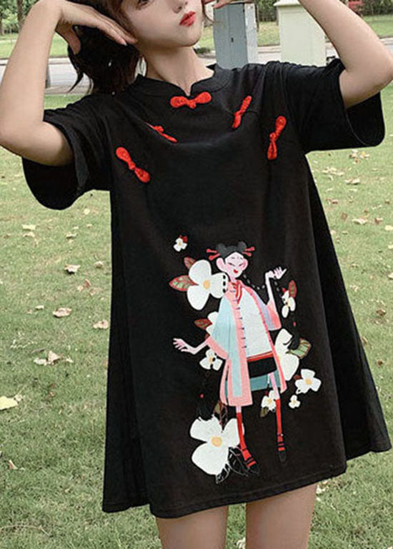 Black Print Student Dress Button Zip Up Short Sleeve Summer