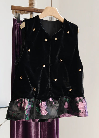 Black O-neck Patchwork Silk Velour Waistcoat Sleeveless