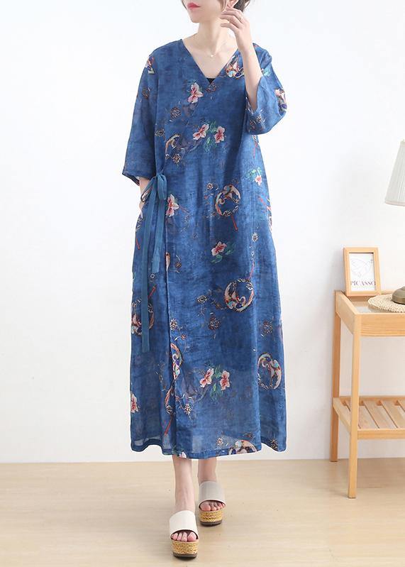 Simple Blue Print Tie Waist Long Dresses Summer Ramie