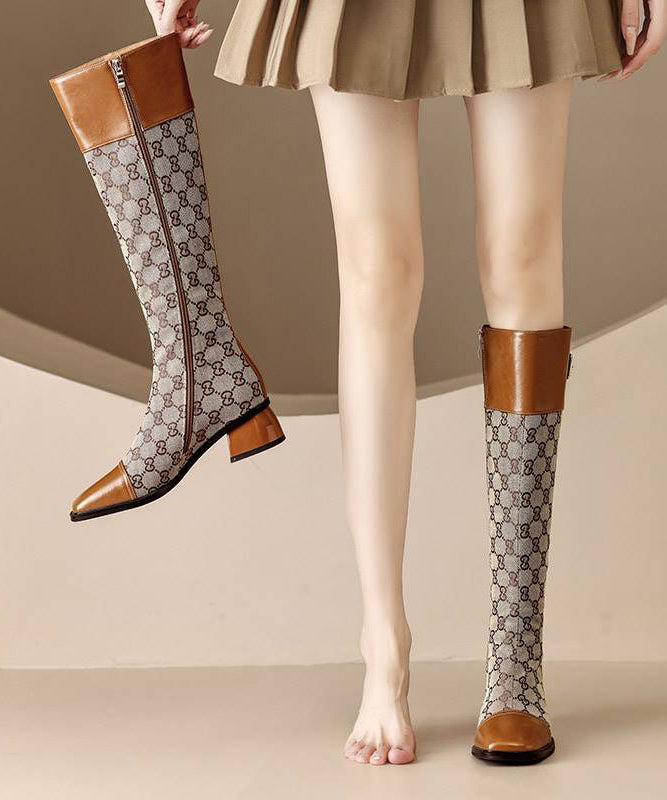 European and American Style Brown Splicing Zippered Chunky Long Boots