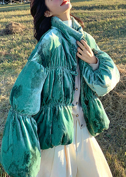Green Stand Collar Velvet Duck Down Puffers Jackets Winter