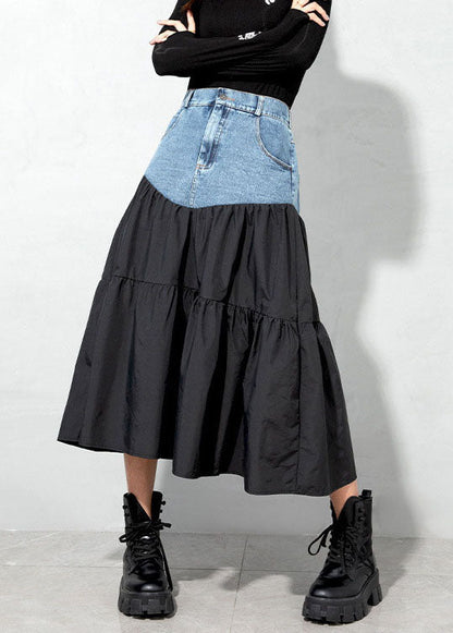 Loose Black Denim Patchwork Skirt Spring