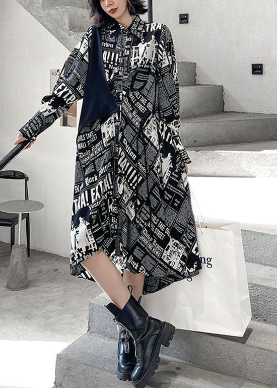Black Low High Design Print Patchwork Satin Shirt Dress Spring
