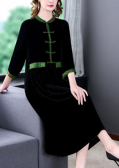 Black Stand Collar Patchwork Oriental Button Silk Velour Dress Bracelet Sleeve