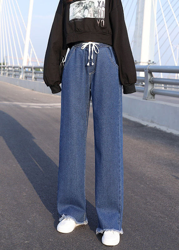 Blue Elastic Waist Drawstring Draping Cotton Denim Wide Leg Pants Summer
