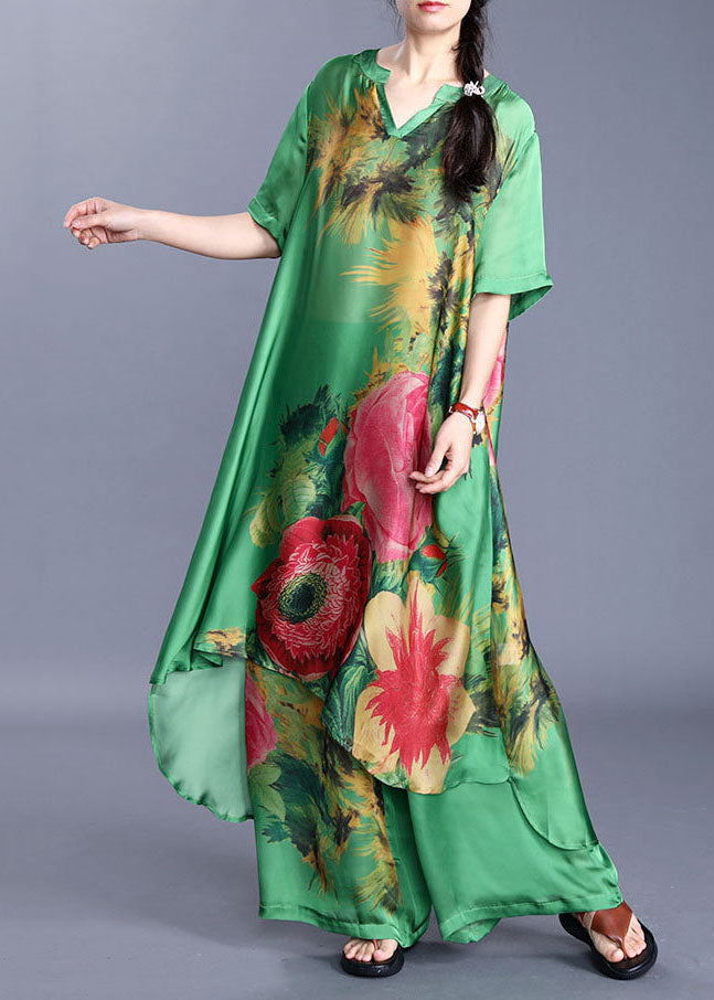 Green V Neck Print Silk Two-piece Set Short Sleeve