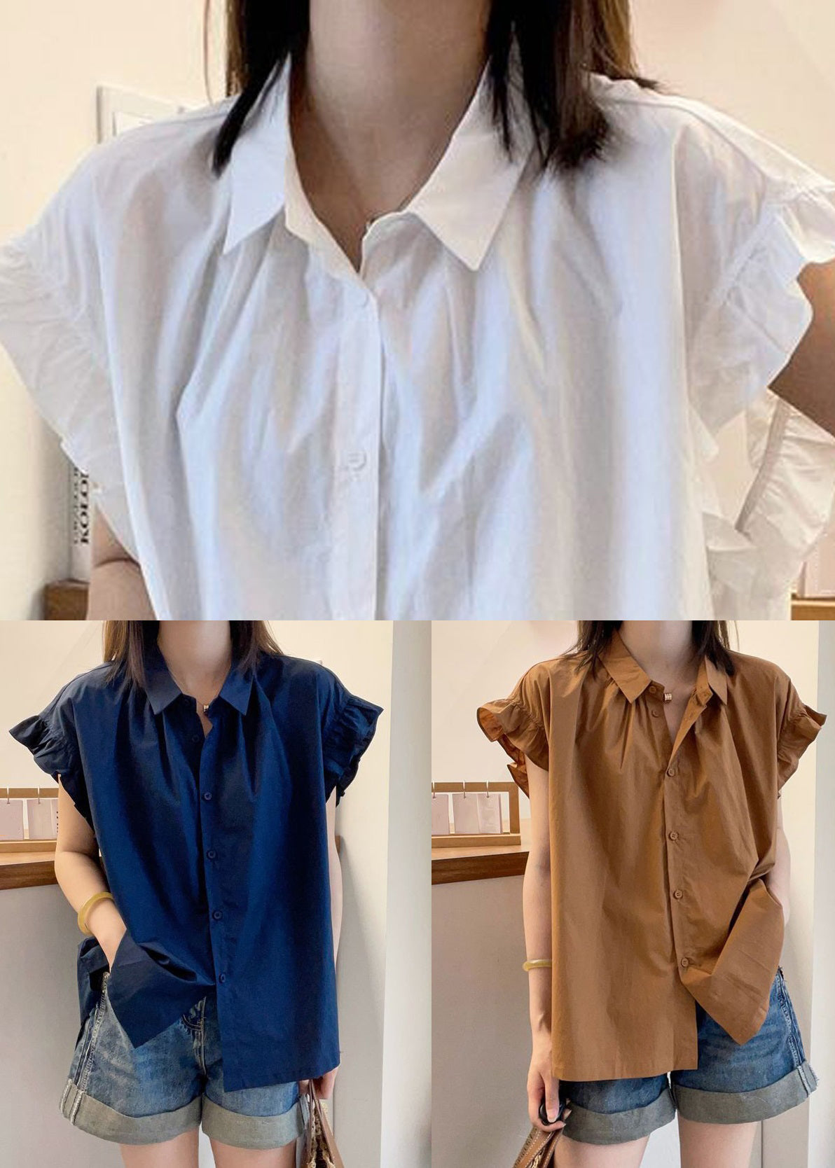 Coffee Ruffled Button Patchwork Cotton Top Summer