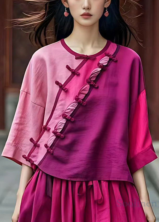 Pink Asymmetrical Button Cotton Shirt Batwing Sleeve
