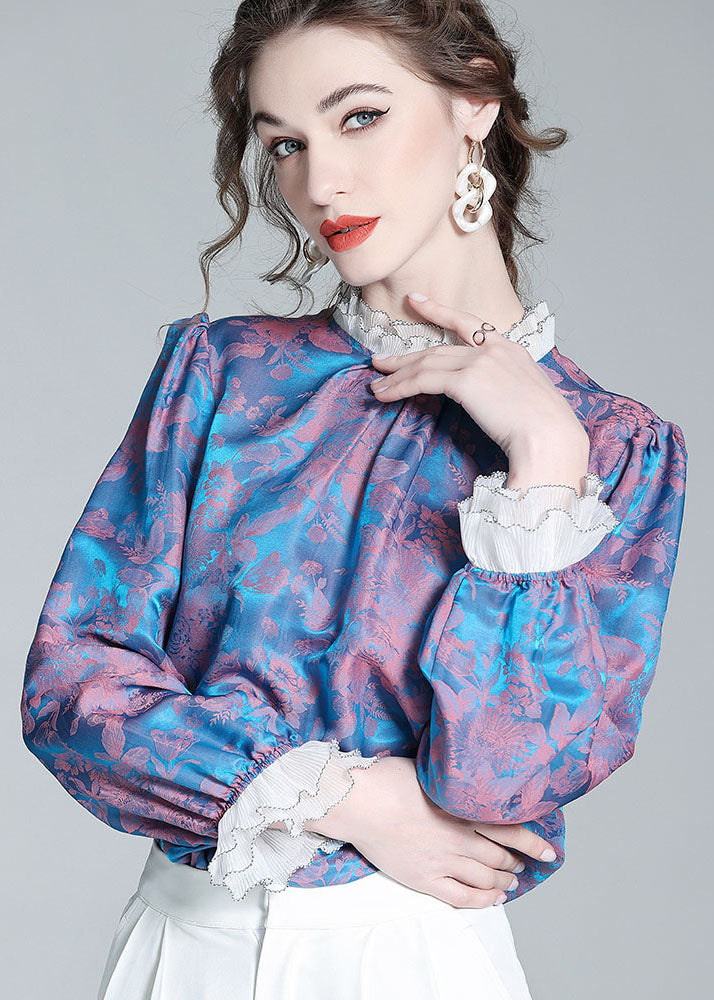 Blue Wrinkled Patchwork Print Silk Top Spring