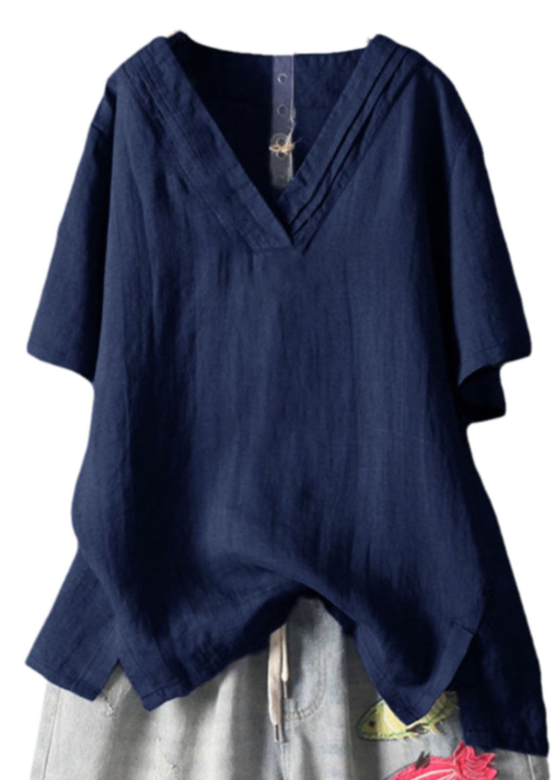 Navy V Neck Wrinkled Linen Tank Summer