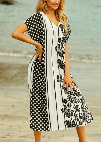 Style White Dot V Neck Cotton Loose Beach Gown Mid Dress