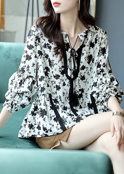 Black White Colour V Neck Print Lace Patchwork Chiffon Shirts Long Sleeve