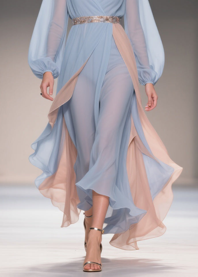Blue Asymmetrical High Waist Patchwork Chiffon Party Dress