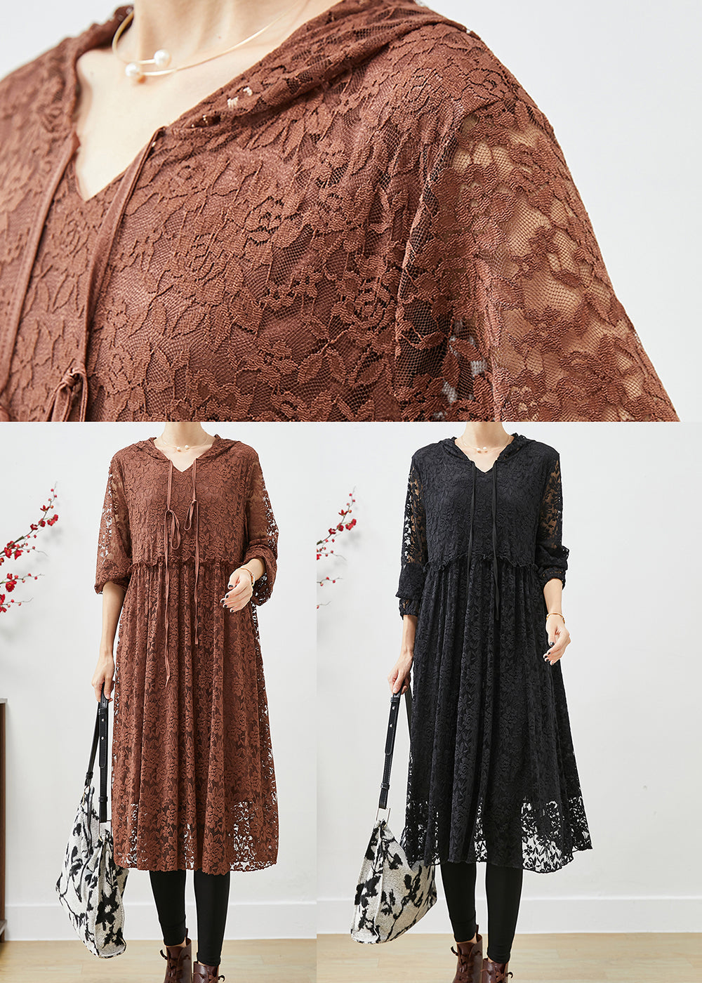 Coffee Hooded Ruffled Lace Dresses Fall
