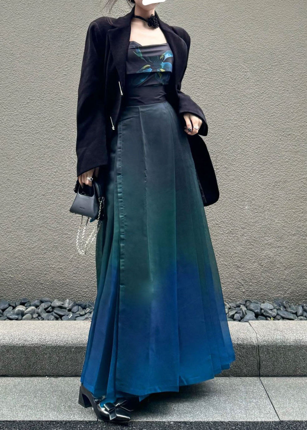 Gradient Color Print Coats Vest and Maxi Skirts Three Pieces Set Spring