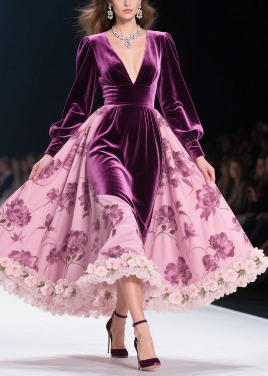 Colorblock Print Lace Silk Velvet Long Dresses Spring