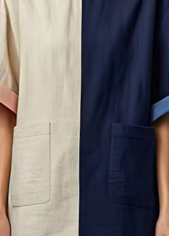 Colorblock Oversized Patchwork Pockets Linen Dress Summer