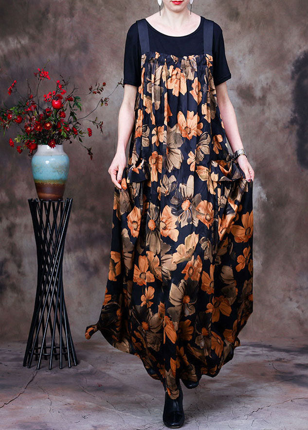 Yellow Wrinkled Print Silk Tanks and Strap Dress Two Piece Set Outfits Summer