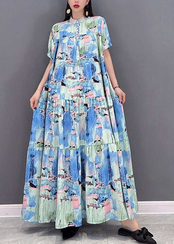 Stand Collar Button Wrinkled Print Chiffon Vacation Dress Short Sleeve