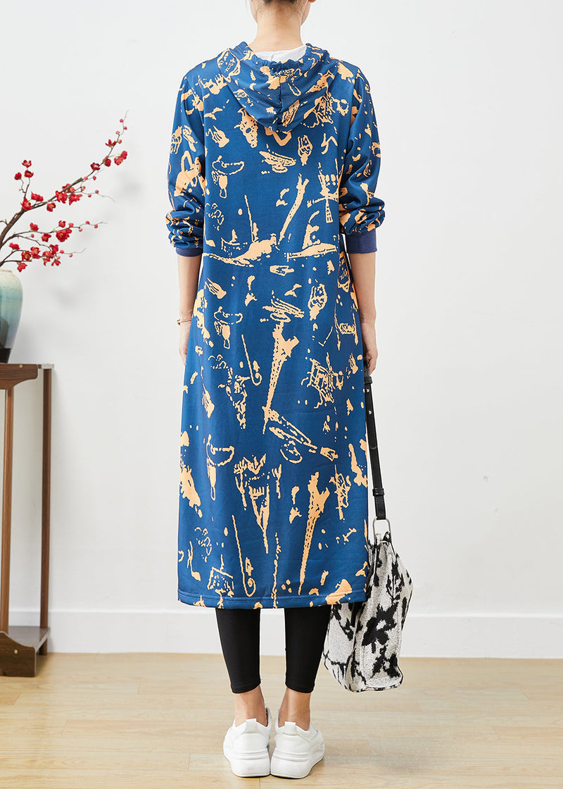 Blue Hooded Print Cotton Sweatshirts Dress Fall