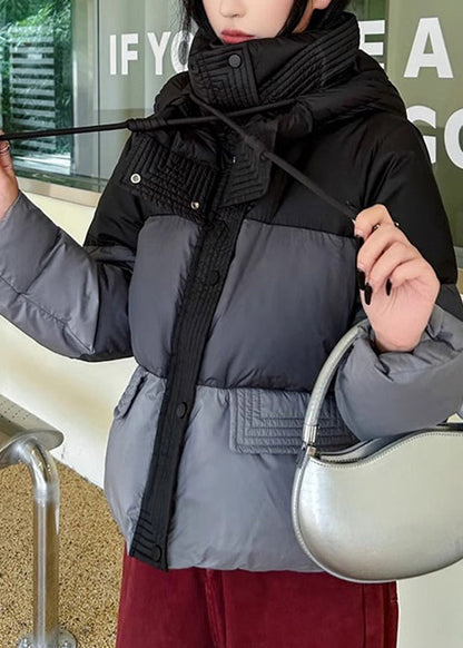 Grey Zip Up Pockets Duck Down Hooded Jacket Winter