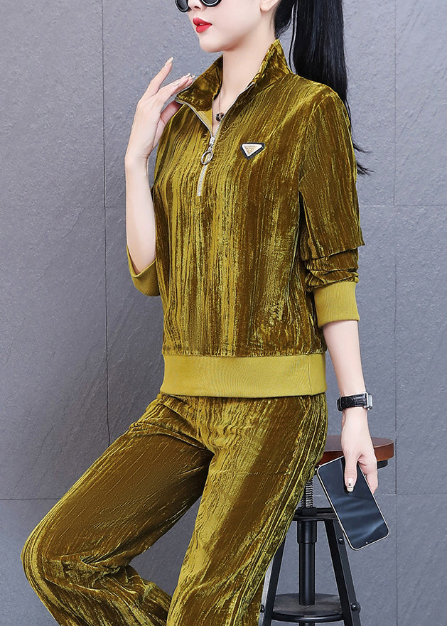 Unique Yellow Stand Collar Silk Velour Coats and Wide Leg Pants Two Piece Set Fall