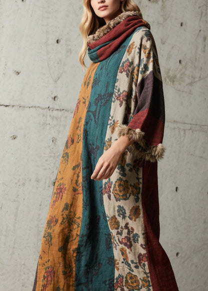 Boutique Colorblock Print Fuzzy Fur Patchwork Cotton Dress Fall