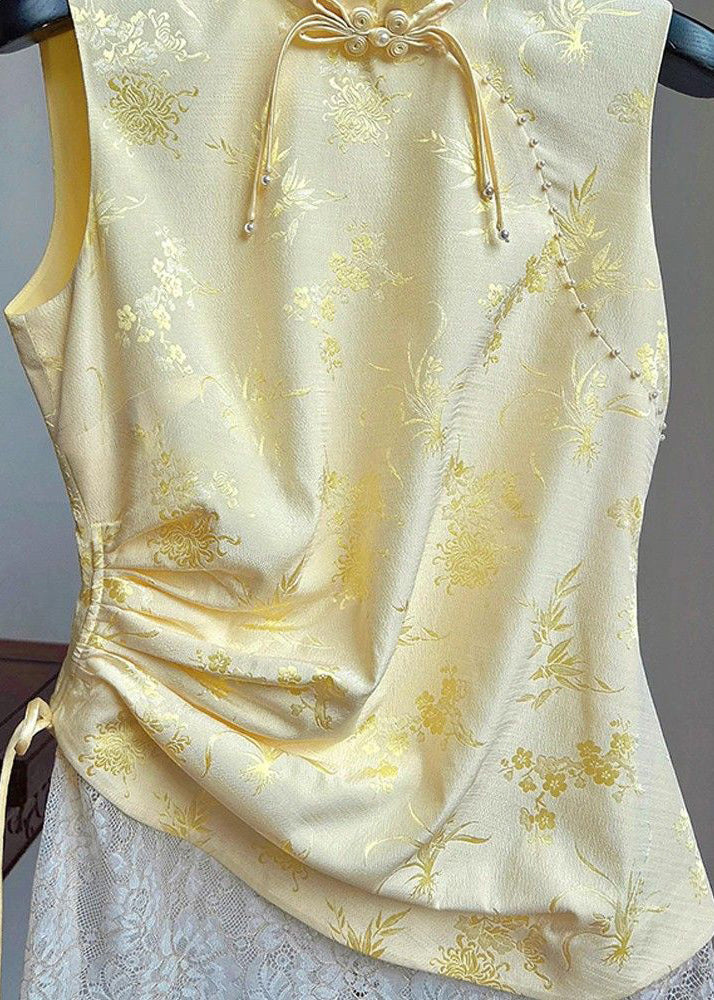 Yellow Stand Collar Print Drawstring Silk Waistcoat Sleeveless