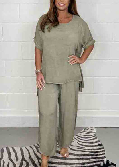 Color Oversized Side Open Linen Two Pieces Set Summer