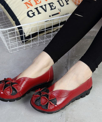Red Flat Feet Shoes Cowhide Leather Splicing