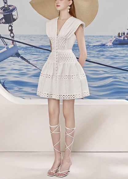 White V Neck Hollow Out Cotton Mid Dress Summer