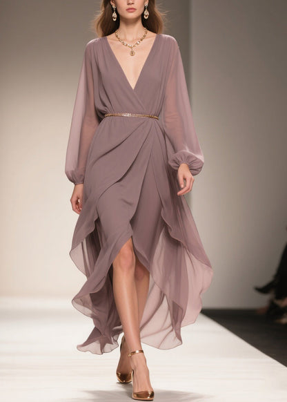 Soft Misty Lavender Gray Low High Design Chiffon Dress V Neck Summer