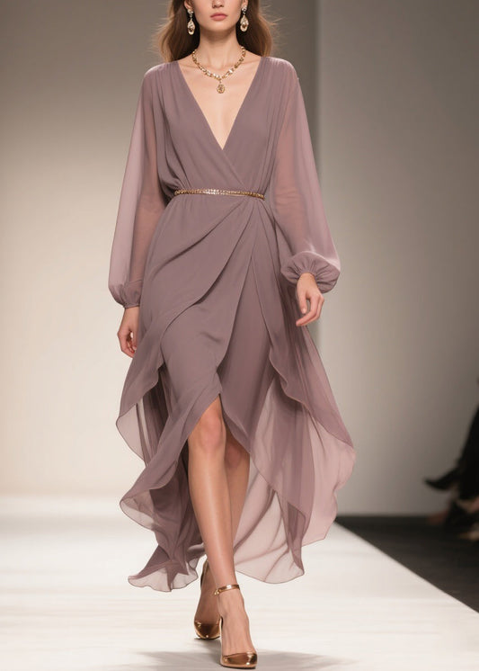 Soft Misty Lavender Gray Low High Design Chiffon Dress V Neck Summer