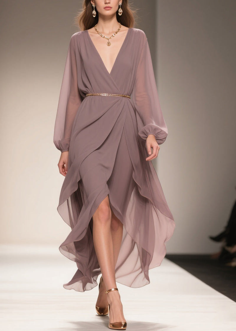 Soft Misty Lavender Gray Low High Design Chiffon Dress V Neck Summer