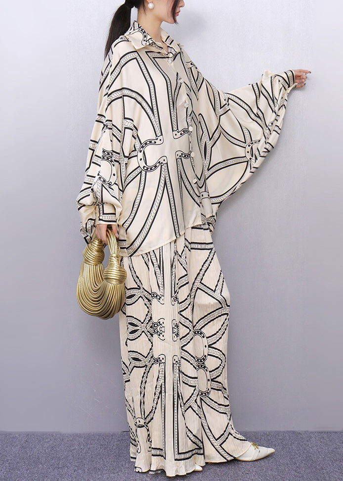 White Oversized Print Silk Two Piece Set Outfits Batwing Sleeve